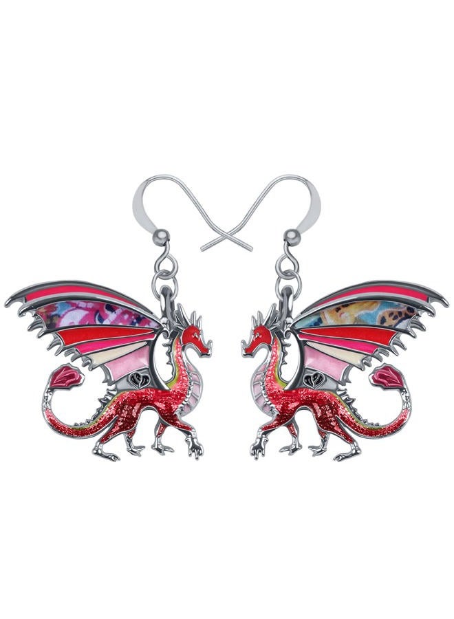 Newei Enamel Alloy Dinosaur Fantasy Dragon Earrings Drop Dangle Unique Animal Jewelry for Women Dragons Gifts (Red) - Image 1