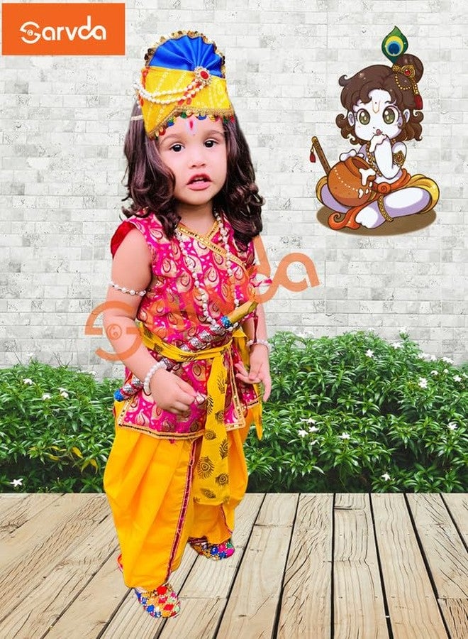 Sarvda Brocade Shree Krishna Dress For Baby Boy & Radha Dress For Girls | Janamashtami Dress | Fancy Dress Costume With Accessories Dhoti, Dupatta, Mukut Flute Complete Set, Ethnic Wear - Image 2