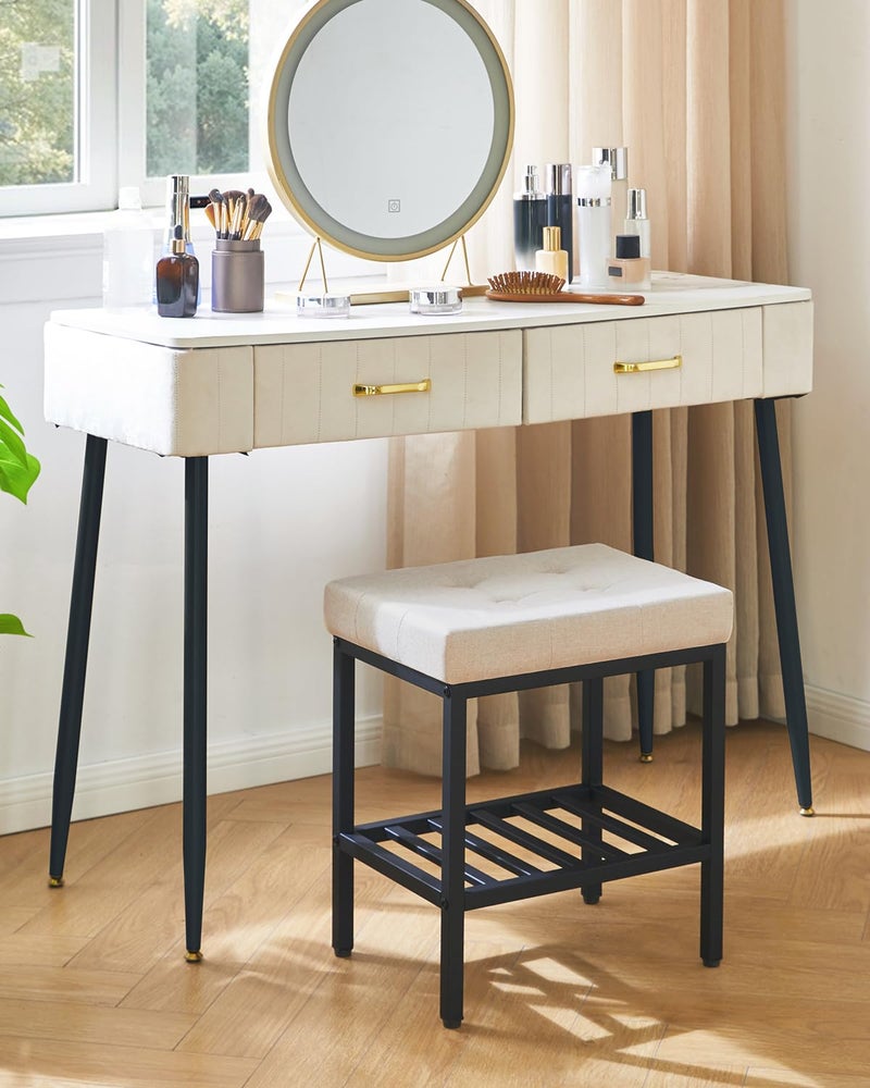 IBUYKE Rectangular Makeup Stool with Adjustable Feet and Storage Space, Footrest Chair, Linen Seat Vanity Stool, Multi-Use as Small Side Table or Ottoman, for Bedroom, Linen WBD017Y - Image 3