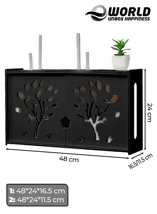 Eworld Stylish Wall-Mounted Router Rack for Wi-Fi Router, Set-Top Box, Light Cat Box, and More, Includes Doors and Patch Panel Shielding Box for Neat Storage, Black - Image 2