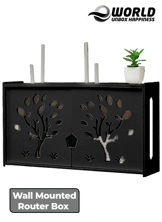 Eworld Stylish Wall-Mounted Router Rack for Wi-Fi Router, Set-Top Box, Light Cat Box, and More, Includes Doors and Patch Panel Shielding Box for Neat Storage, Black - Image 1