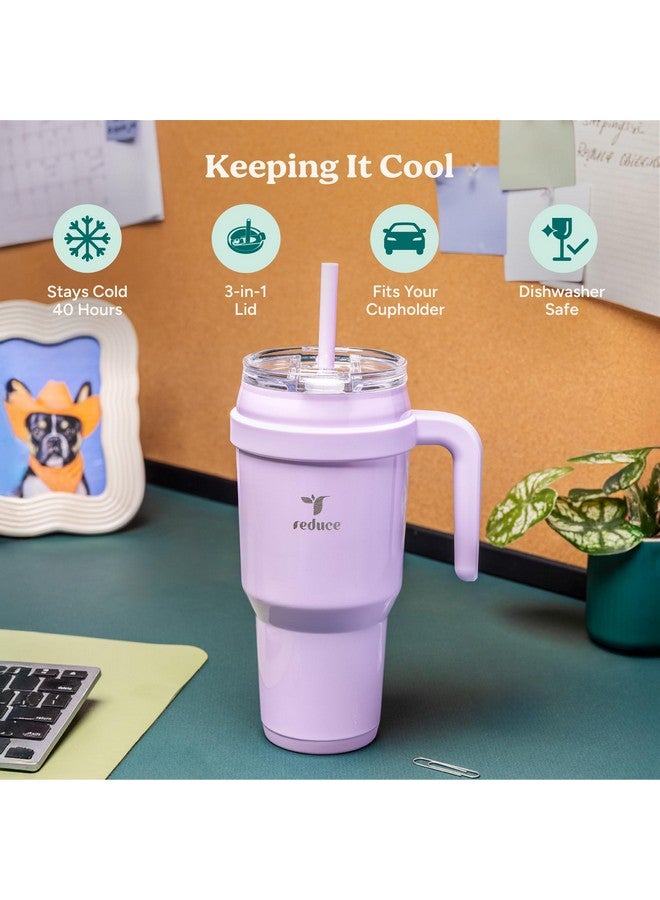 REDUCE 40 oz Stainless Steel Tumbler with Handle - Dual-Wall Vacuum Insulated Travel Mug, Sweat-Proof Lid & Reusable Straw - Keeps Drinks Cold for 24 Hrs, Fits Cupholders, Dishwasher Safe - Lilac Bud - Image 3