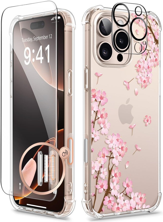 جراب GVIEWIN متوافق مع iPhone 16 Pro Max 2024، مزود بزر تحكم بالكاميرا، وواقيات للشاشة وعدسة الكاميرا، شفاف، مقاوم للصدمات والسقوط، ومضاد للخدوش، بتصميم زهري، مناسب للنساء والفتيات، لون ساكورا/وردي - Image 1