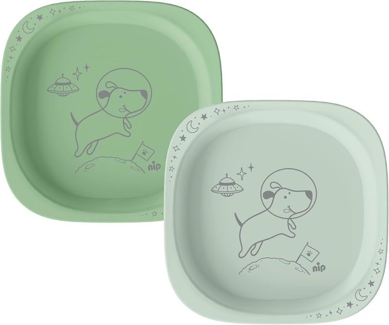 Green Eco Baby and Children's Plates, Microwave and Dishwasher Safe, Extra Flat & Perfect for Starting Foods, BPA-Free, Melamine Free, Sustainable, Set of 2, Animal Motif, Light Green