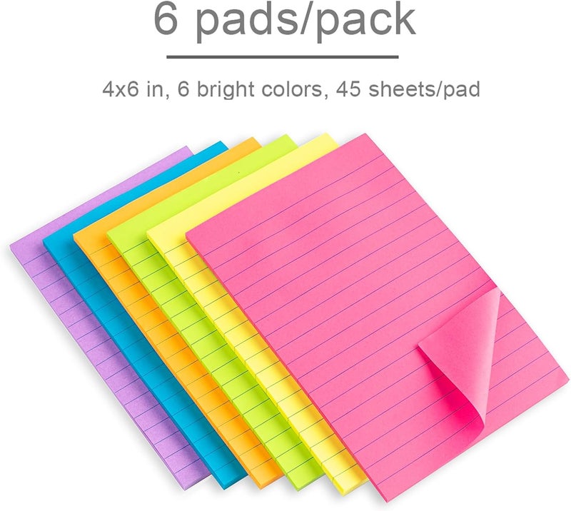 Vanpad Lined Sticky Notes 4X6 in Bright Ruled Stickies Colorful Super Sticking Power Memo Pads, 45 Sheets/pad, 6 Pads/Pack - Image 4
