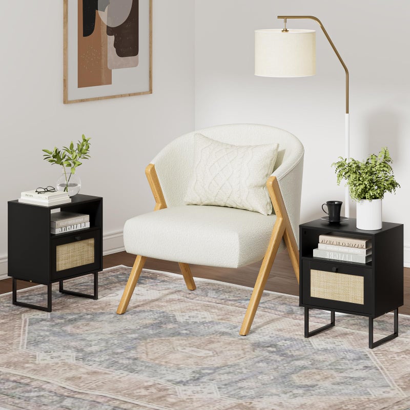 Masupu Rattan Nightstand,Boho Night Stand Modern Farmhouse Wood Bedside Table with Storage Drawer and Open Shelf,Side End Table for Bedroom,Living Room,Office Black - Image 3