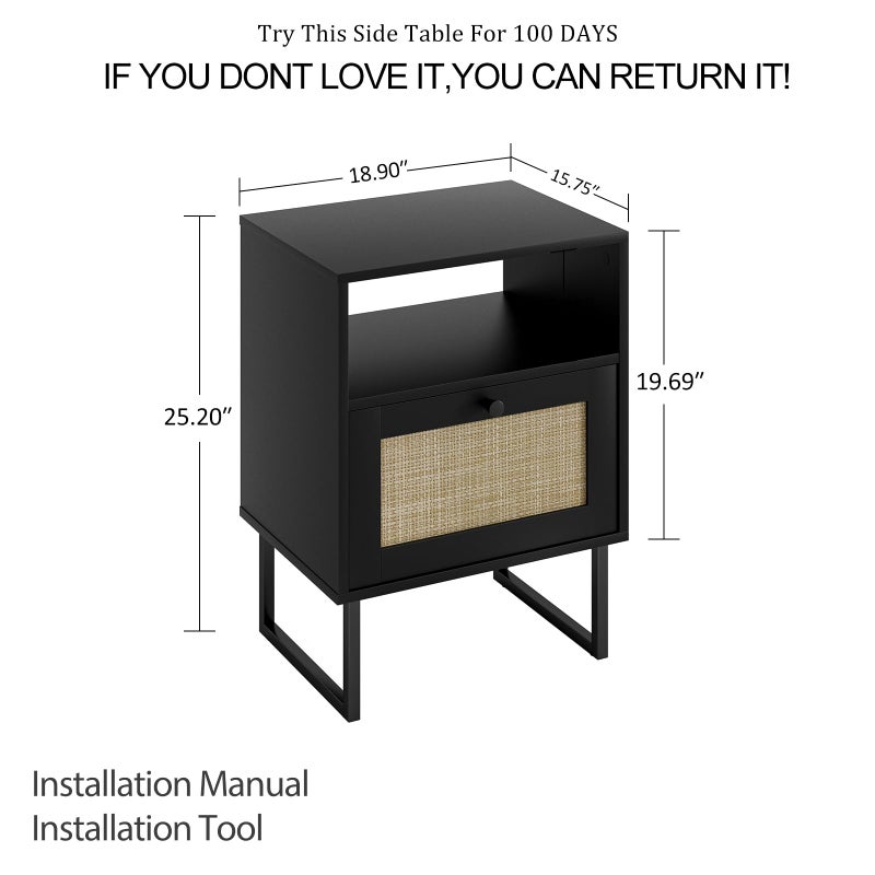 Masupu Rattan Nightstand,Boho Night Stand Modern Farmhouse Wood Bedside Table with Storage Drawer and Open Shelf,Side End Table for Bedroom,Living Room,Office Black - Image 2