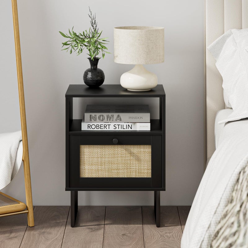 Masupu Rattan Nightstand,Boho Night Stand Modern Farmhouse Wood Bedside Table with Storage Drawer and Open Shelf,Side End Table for Bedroom,Living Room,Office Black - Image 4