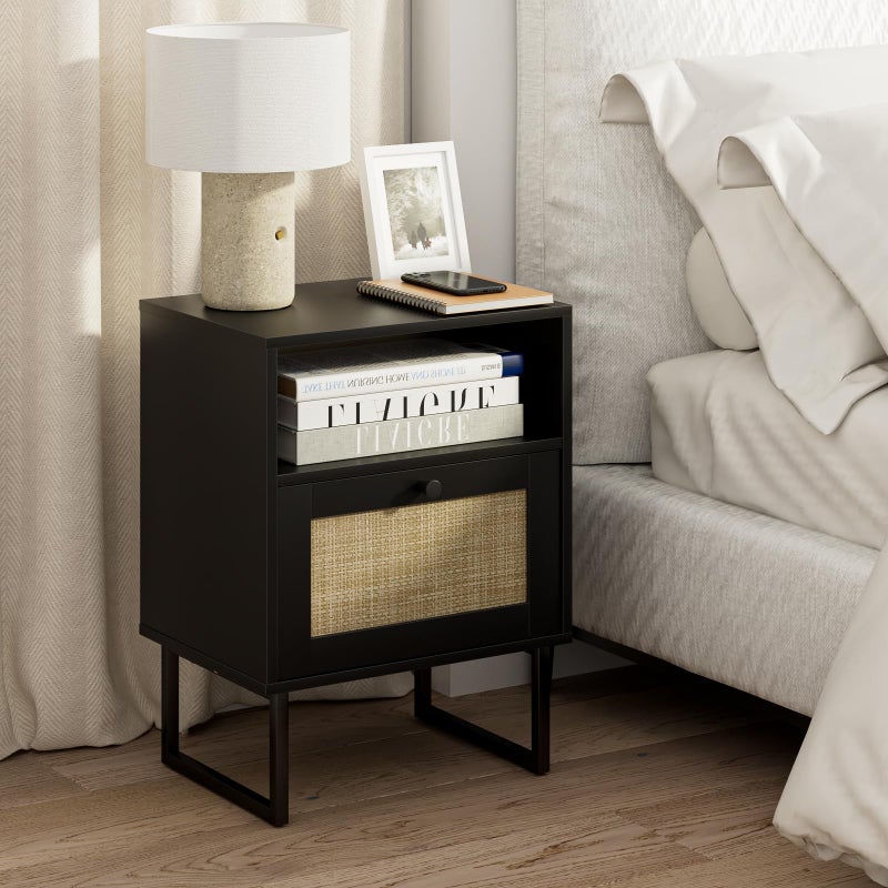 Masupu Rattan Nightstand,Boho Night Stand Modern Farmhouse Wood Bedside Table with Storage Drawer and Open Shelf,Side End Table for Bedroom,Living Room,Office Black - Image 1