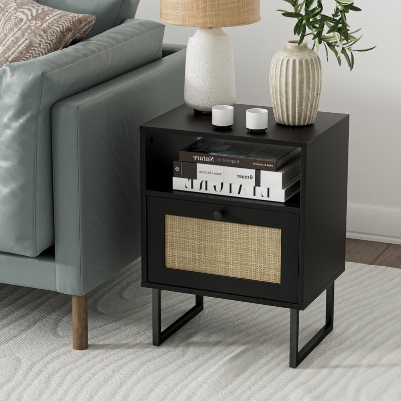 Masupu Rattan Nightstand,Boho Night Stand Modern Farmhouse Wood Bedside Table with Storage Drawer and Open Shelf,Side End Table for Bedroom,Living Room,Office Black - Image 5