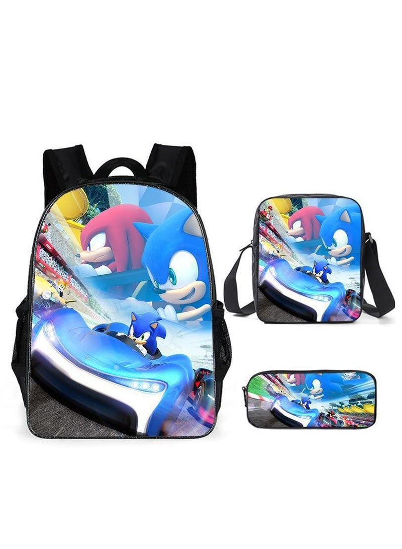 Sonic student large capacity backpack three piece set, anime cartoon backpack, shoulder bag pen bag