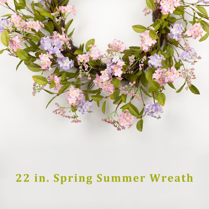 YUGALI 22" Spring Wreath for Front Door Lush Summer Floral Pink Cherry Blossom Purple Lilac Grapevine Base Artificial Wreaths for Outdoor Indoor Easter Decor - Image 4