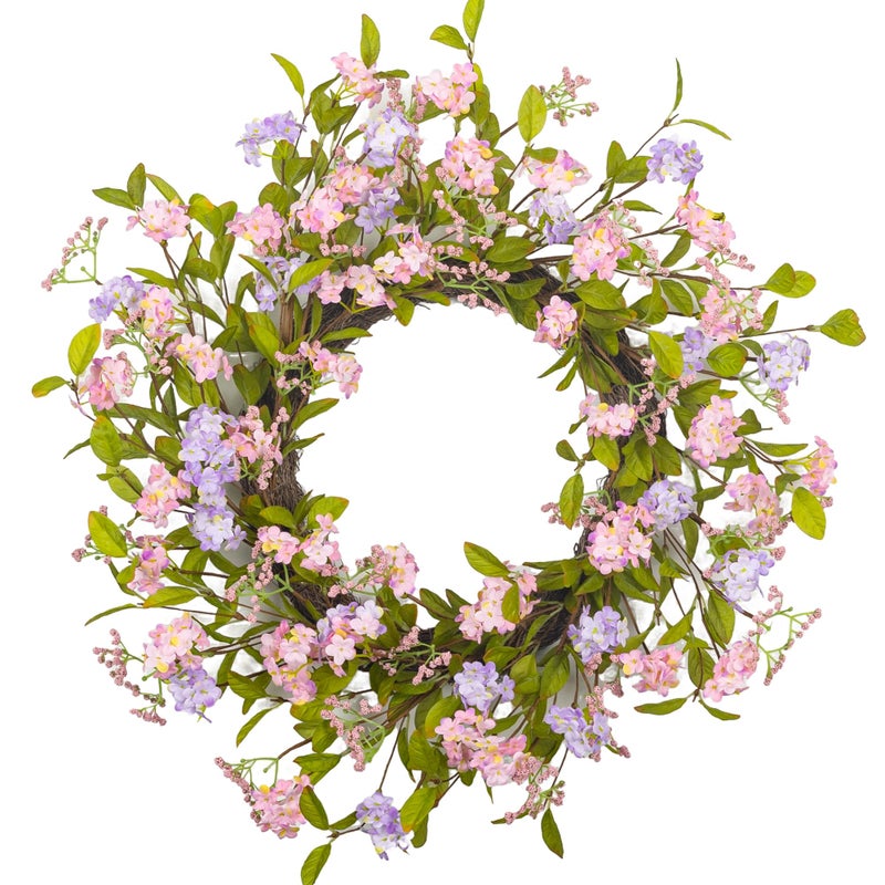 YUGALI 22" Spring Wreath for Front Door Lush Summer Floral Pink Cherry Blossom Purple Lilac Grapevine Base Artificial Wreaths for Outdoor Indoor Easter Decor - Image 1