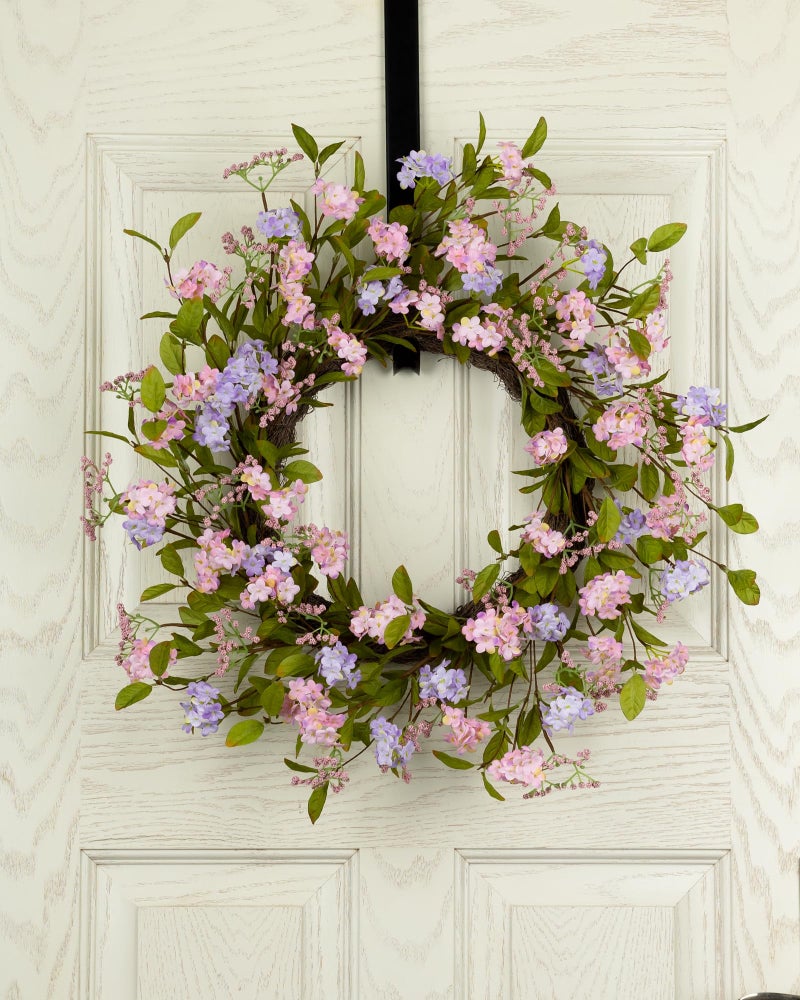 YUGALI 22" Spring Wreath for Front Door Lush Summer Floral Pink Cherry Blossom Purple Lilac Grapevine Base Artificial Wreaths for Outdoor Indoor Easter Decor - Image 2