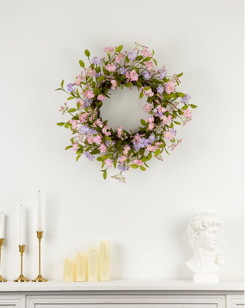 YUGALI 22" Spring Wreath for Front Door Lush Summer Floral Pink Cherry Blossom Purple Lilac Grapevine Base Artificial Wreaths for Outdoor Indoor Easter Decor - Image 3