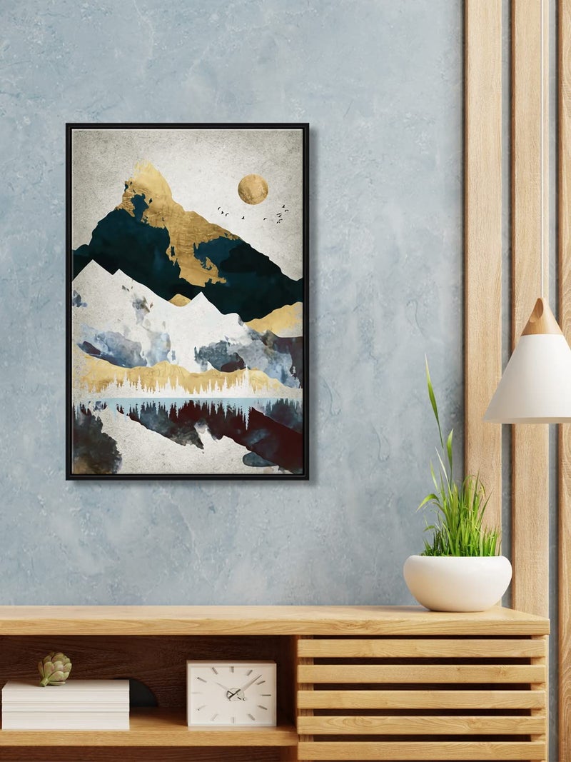 999STORE floating frame mountain art with flying birds vertical painting for wall Canvas_Black Frame_16X24 Inches Black074 - Image 1