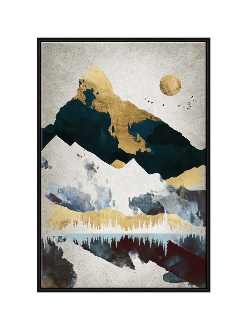 999STORE floating frame mountain art with flying birds vertical painting for wall Canvas_Black Frame_16X24 Inches Black074 - Image 2