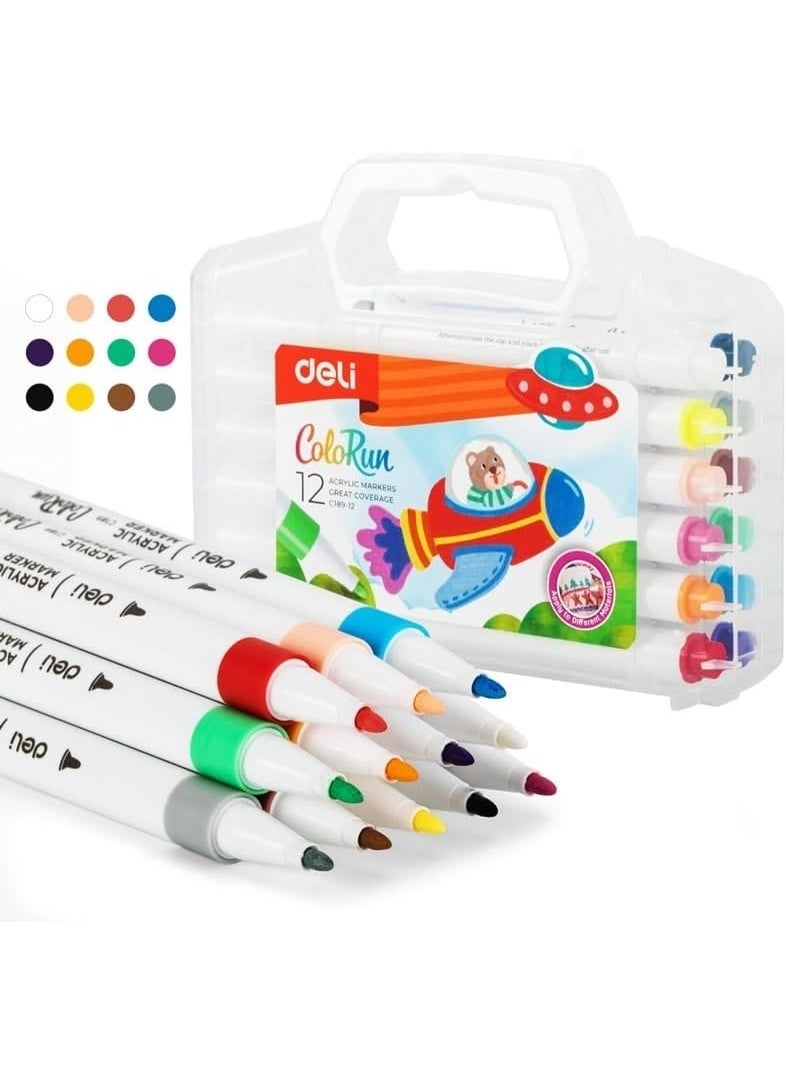 ديلي مجموعة أقلام تحديد الأكريليك Deli EC189-12 - 12 لونًا رفيعًا برأس 1 مم وتغطية عالية مع حقيبة حمل - Image 1