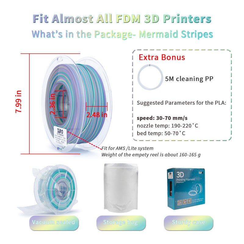ZIRO PLA Filament 1.75mm, Matte Multicolors 3D Printer Filament, Dyanmic Visual Effect, Fast Color Change Matte PLA Stripes Series, 2.2lbs Spool, Fit for Most 3D Printer, Mermaid Stripes - Image 5