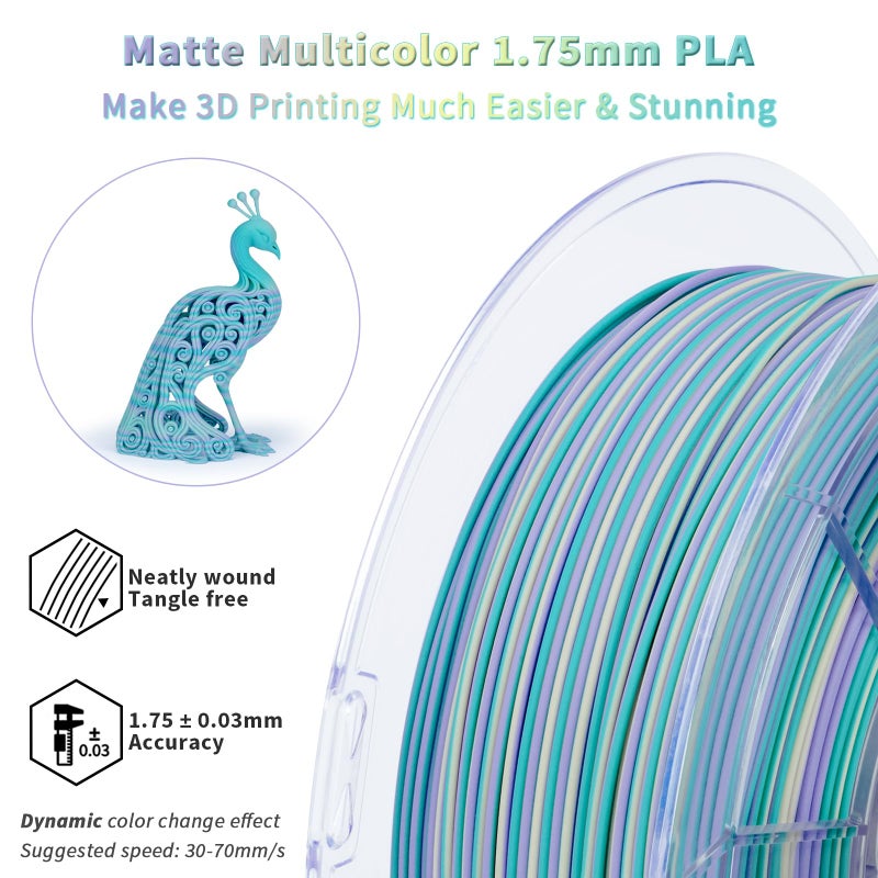 ZIRO PLA Filament 1.75mm, Matte Multicolors 3D Printer Filament, Dyanmic Visual Effect, Fast Color Change Matte PLA Stripes Series, 2.2lbs Spool, Fit for Most 3D Printer, Mermaid Stripes - Image 4