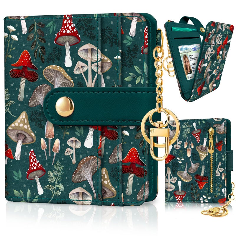 Jogjam Mushroom Green Rfid Ladies Wallet, Small Slim Thin Compact Credit Card Women Wallet, PU Leather Bifold Cash Zipper Coin Pocket ID Window for Female - Image 1