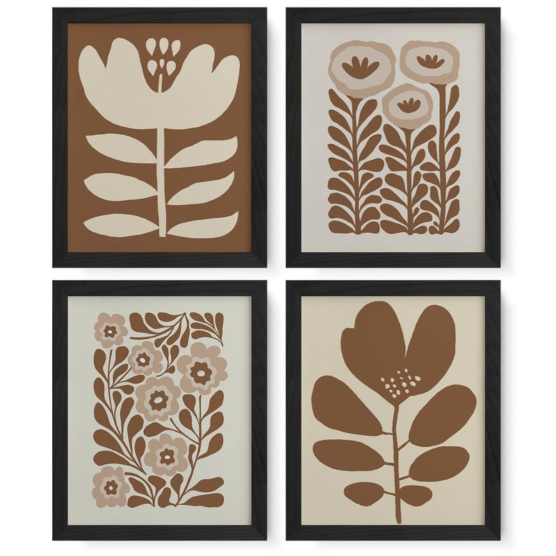 JXREQ Brown Boho Abstract Neutral Floral Posters Wall Art Prints Set of 4, Mid Century Modern Abstract Black and Beige Matisse Floral Wall Decor for Home Bedroom Living Room, 8x10 Inch Unframed - Image 1