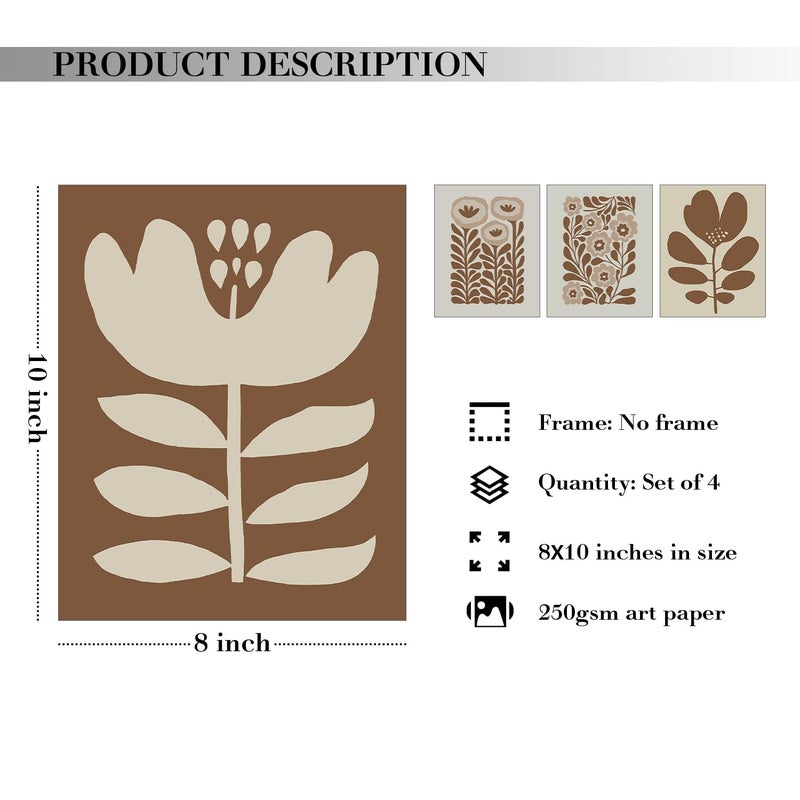 JXREQ Brown Boho Abstract Neutral Floral Posters Wall Art Prints Set of 4, Mid Century Modern Abstract Black and Beige Matisse Floral Wall Decor for Home Bedroom Living Room, 8x10 Inch Unframed - Image 2