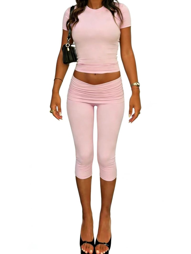 ZFLM casual sports women's two-piece set with short sleeves exposed navel high waistfoldable cropped pants sports suit - Image 1
