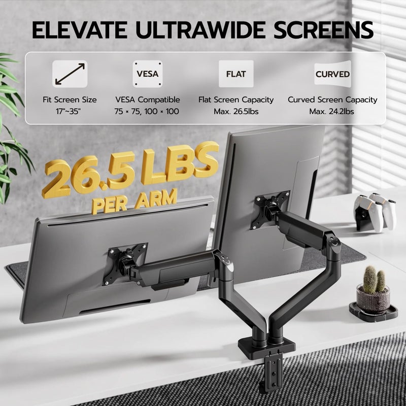 ARES WING Dual Monitor Mount, Heavy Duty Monitor Arms for 2 Monitors for 17-35 Inch, Fully Adjustable Monitor Desk Stand Ultrawide Screen, VESA 75x75 or 100x100mm, Black - Image 3
