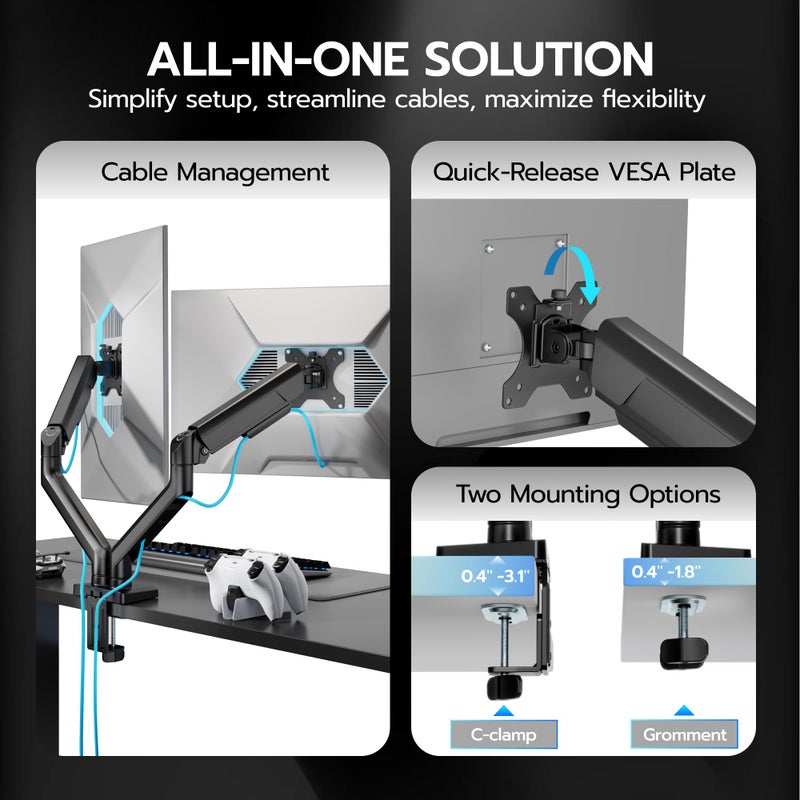 ARES WING Dual Monitor Mount, Heavy Duty Monitor Arms for 2 Monitors for 17-35 Inch, Fully Adjustable Monitor Desk Stand Ultrawide Screen, VESA 75x75 or 100x100mm, Black - Image 4