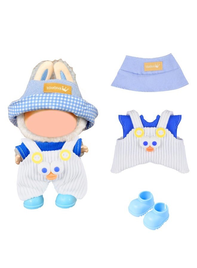 SHUOXUKE 17cm (6.7") Doll Clothes Set - 4PCS Boy Outfit with White Overalls, T-Shirt, Bucket Hat & Shoes | Soft Plush Doll Accessories | Fit for Young People (Doll Not Included) - Image 1