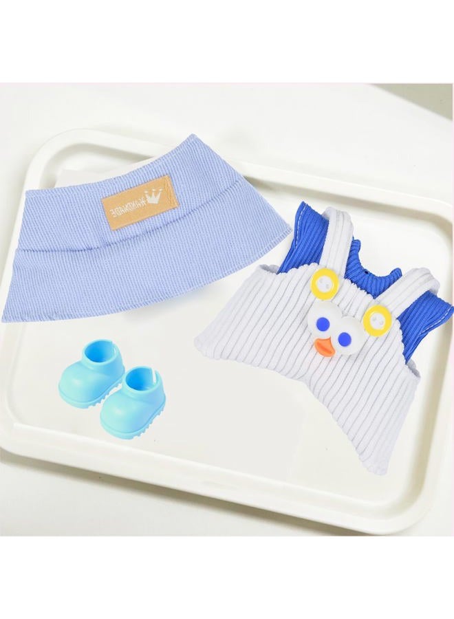 SHUOXUKE 17cm (6.7") Doll Clothes Set - 4PCS Boy Outfit with White Overalls, T-Shirt, Bucket Hat & Shoes | Soft Plush Doll Accessories | Fit for Young People (Doll Not Included) - Image 2
