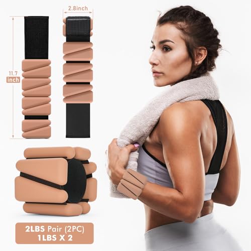 WUSOPU Wrist Weights, Ankle Weights for Women Men, Adjustable Wrist Weighted Bracelet for Home Gym Workout, Running, Yoga, Exercise, Strength Training, Set of 2 (1LB Each)-Light Brown - Image 2