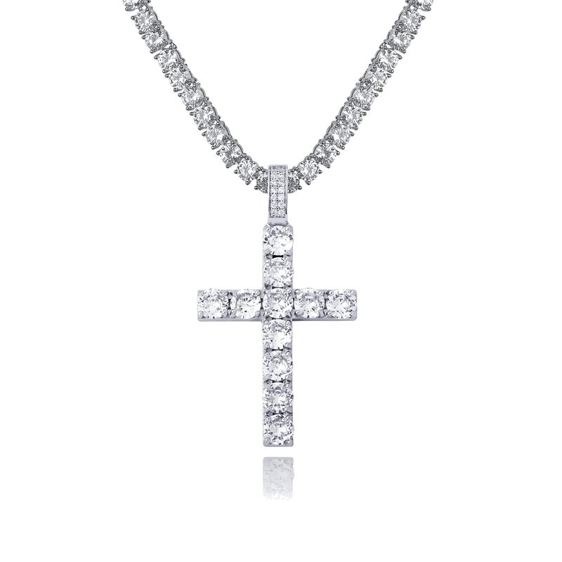 TOPGRILLZ 14K Gold Plated Solid Iced Out CZ Large Tennis Cross Pendant Necklace for Men Women Stainless Chain Gifts (Large Silver Tennis Chain) - Image 1