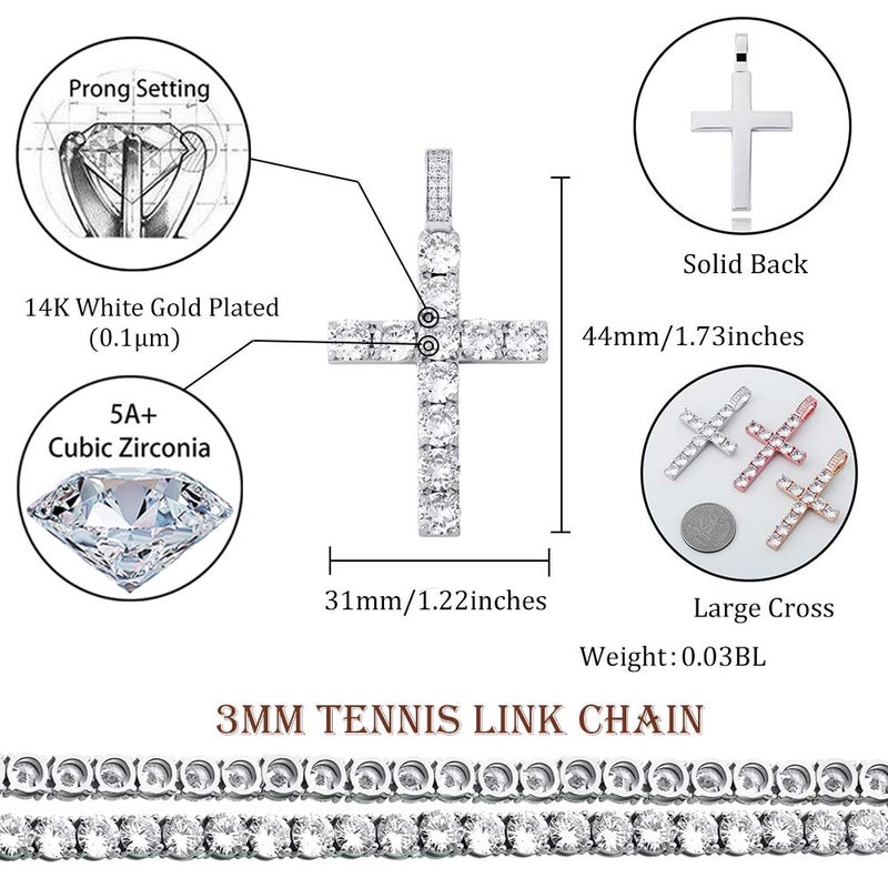 TOPGRILLZ 14K Gold Plated Solid Iced Out CZ Large Tennis Cross Pendant Necklace for Men Women Stainless Chain Gifts (Large Silver Tennis Chain) - Image 2