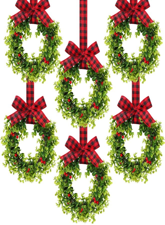 Jexine 6 Pcs Christmas Wreath Decorations 31.5 Inch Kitchen Mini Cabinet Wreaths with Red Plaid Bow Artificial Hanging Garland Farmhouse for Holiday Front Door Porch Wall Window Decor (Red and Black) - Image 1