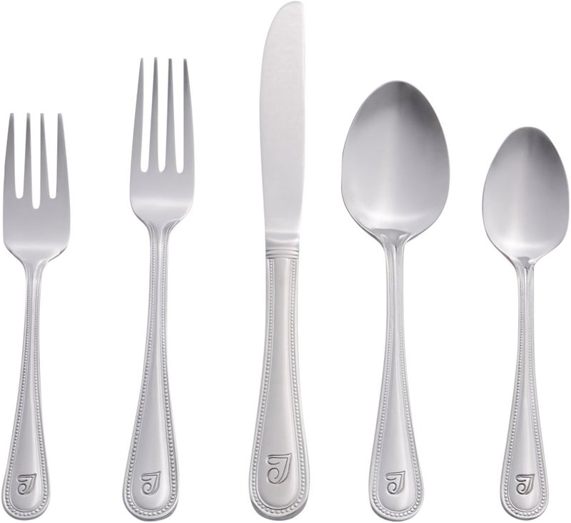 RiverRidge RiverRidge Monogrammed Beaded Flatware Set  T  46Piece Silverware with Custom Letter Stamp 180 Stainless Steel Utensils Set for Daily Use  Special Occasions  Dishwasher Safe Versatile Design  - Image 1