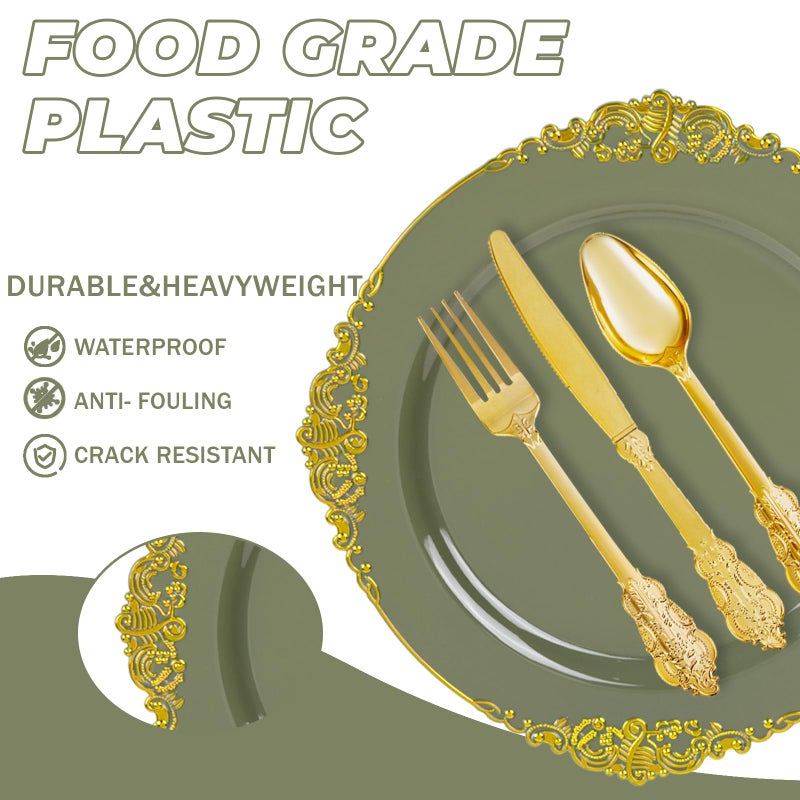 Joyido 125PCS Olive Green Plastic Plates - Green and Gold Disposable Plates - Vintage Plate with Gold Plastic Silverware Sets for 25 Guests for Wedding & Party - Image 1