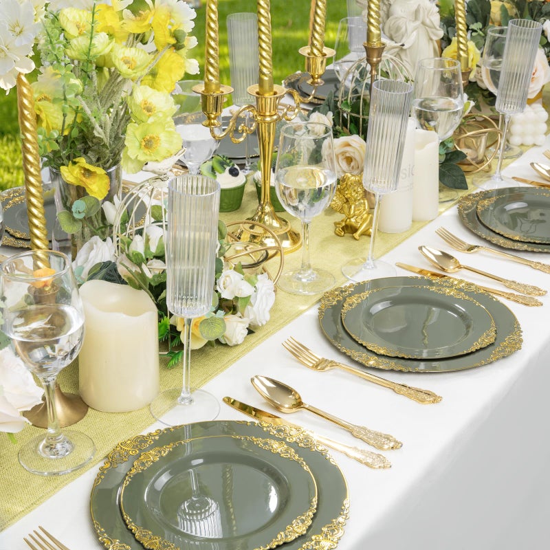 Joyido 125PCS Olive Green Plastic Plates - Green and Gold Disposable Plates - Vintage Plate with Gold Plastic Silverware Sets for 25 Guests for Wedding & Party - Image 4