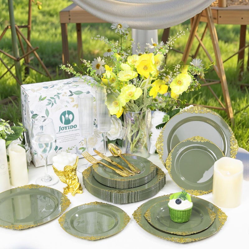 Joyido 125PCS Olive Green Plastic Plates - Green and Gold Disposable Plates - Vintage Plate with Gold Plastic Silverware Sets for 25 Guests for Wedding & Party - Image 3