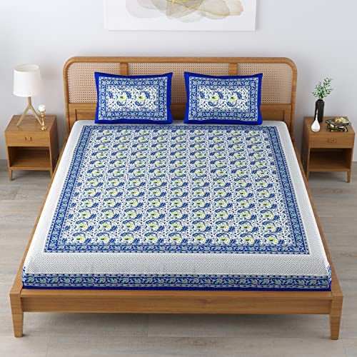 Colorish 120 TC Cotton Blend Elephant Printed Jaipuri Bedsheet for Double Bed King Size with 2 Pillow Covers, Indigo Blue - Image 4