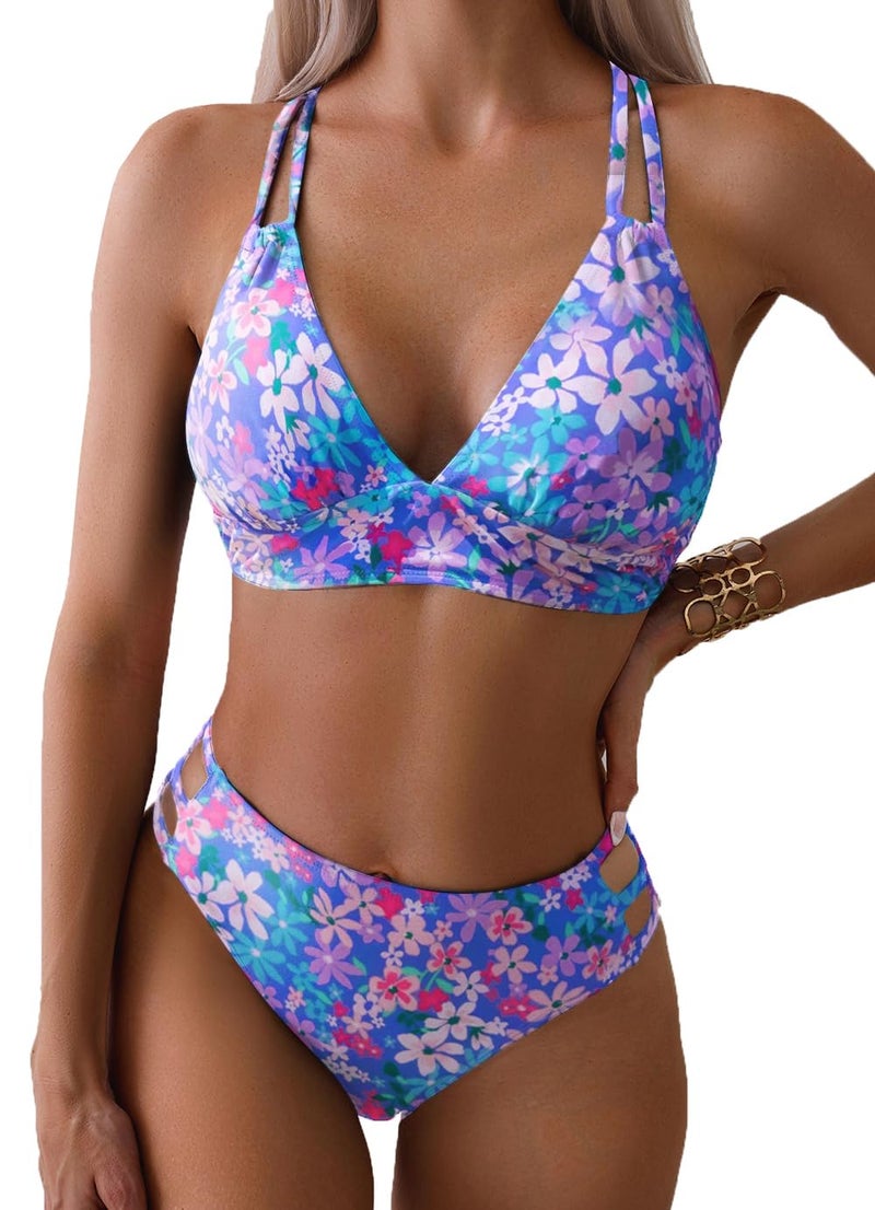 Tainehs Women's Push Up V Neck Bikini Sets Criss Cross Back Two Piece Bathing Suit Pink Flower - Image 1