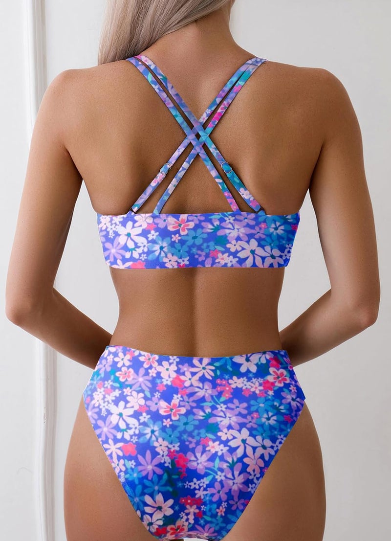 Tainehs Women's Push Up V Neck Bikini Sets Criss Cross Back Two Piece Bathing Suit Pink Flower - Image 2