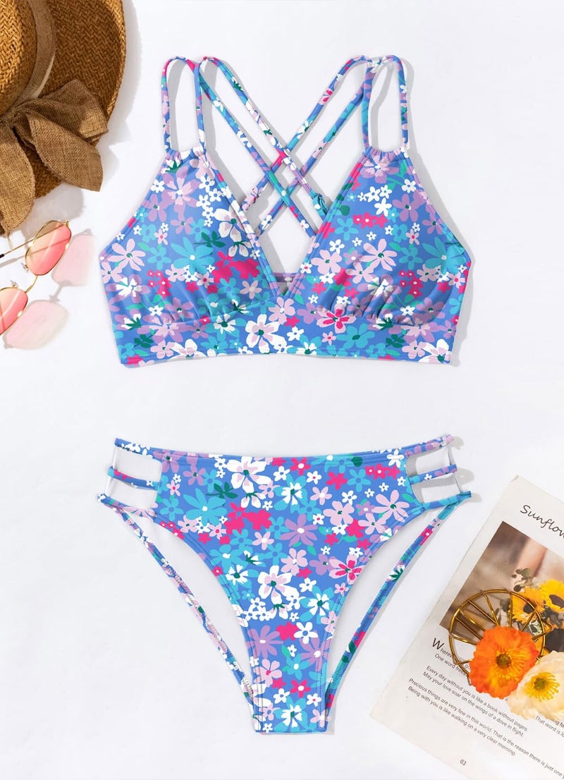 Tainehs Women's Push Up V Neck Bikini Sets Criss Cross Back Two Piece Bathing Suit Pink Flower - Image 3
