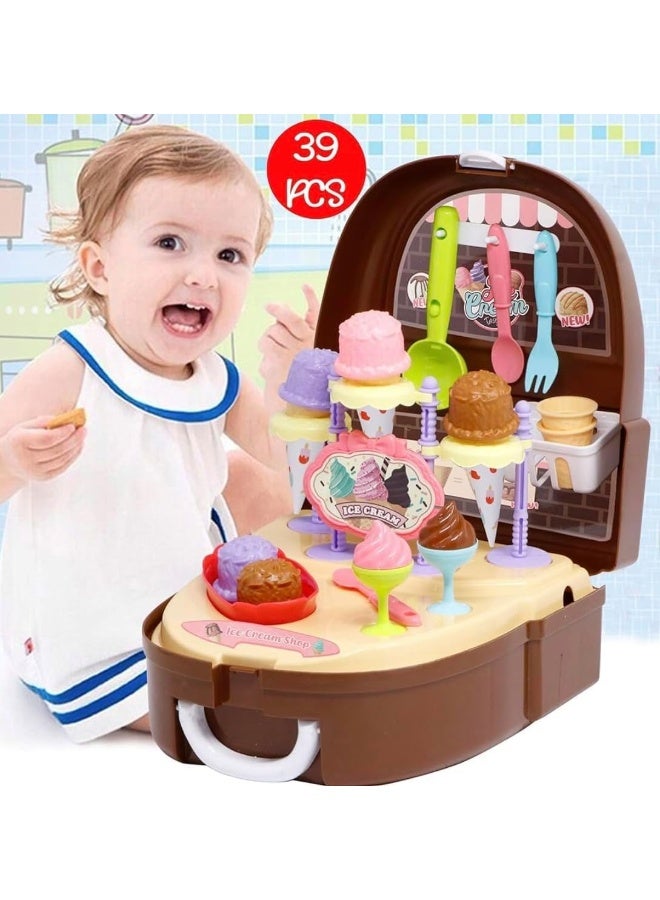 Ice Cream Bag Set 39 Pcs Ice Cream Candy Cart with Portable Backpack | Pretend Play for Kids (Brown) - Image 3
