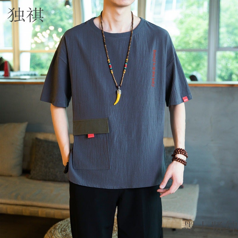 Linen Short-sleeved T-shirt Chinese Style Men's Half-sleeved Loose Fat plus size Top Tang Style Half-sleeved Cotton Linen Trendy - Image 2