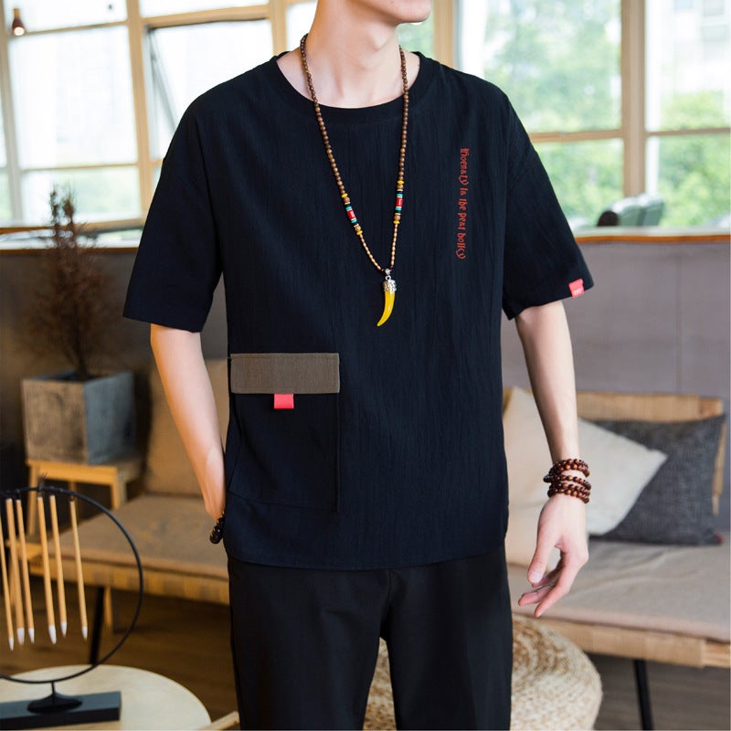 Linen Short-sleeved T-shirt Chinese Style Men's Half-sleeved Loose Fat plus size Top Tang Style Half-sleeved Cotton Linen Trendy - Image 3