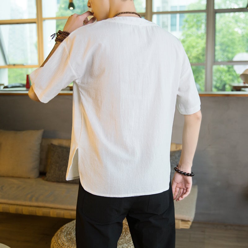 Linen Short-sleeved T-shirt Chinese Style Men's Half-sleeved Loose Fat plus size Top Tang Style Half-sleeved Cotton Linen Trendy - Image 5