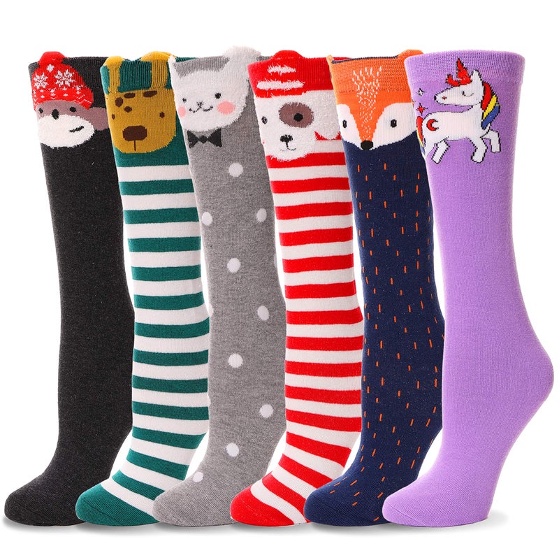 ANTSANG Kids Girls Knee High Socks Long Boot Crazy Silly Fun Gift Cute Tall Animal Socks for Child 6 Pairs Stocking Stuffers Gifts for 10 Year Old Girls Birthday Gifts Ideas(Dots Animal) - Image 1