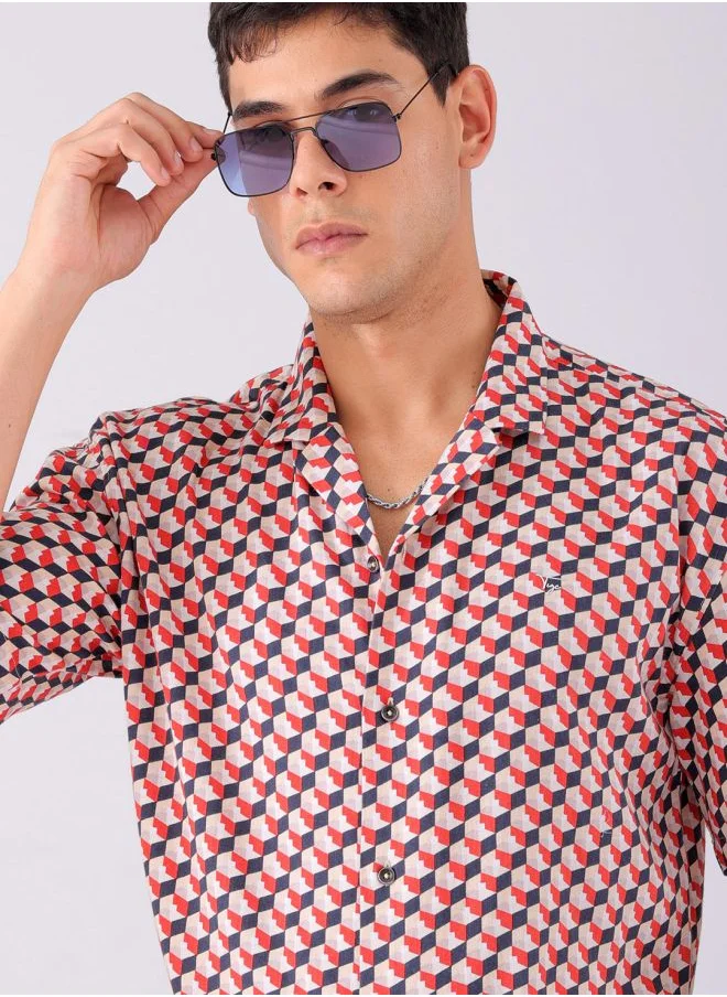 The Indian Garage Co Men Slim Fit Geometric Printed Half Sleeves Cuban Collar Party Wear Shirt